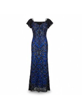 Angel Fashions Womens Black & Royal Blue Sequin Lace Gown Mermaid Dress Size L